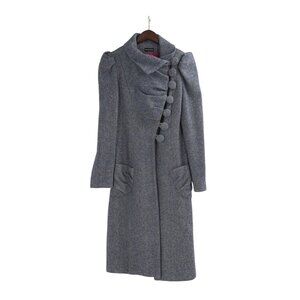 Pilar Ruiz Wool Womens Small Grey Herringbone Long Coat Buttons Neutral Feminine